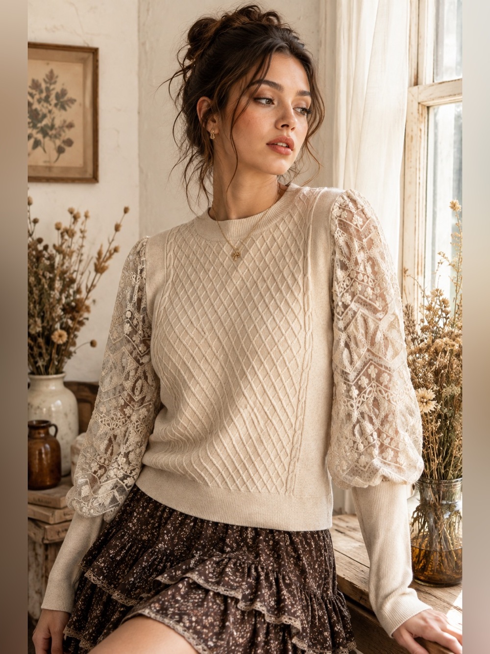 Calligraphie Beige Cable Knit Lace Puff Sleeve Sweater Size M Romantic Boho